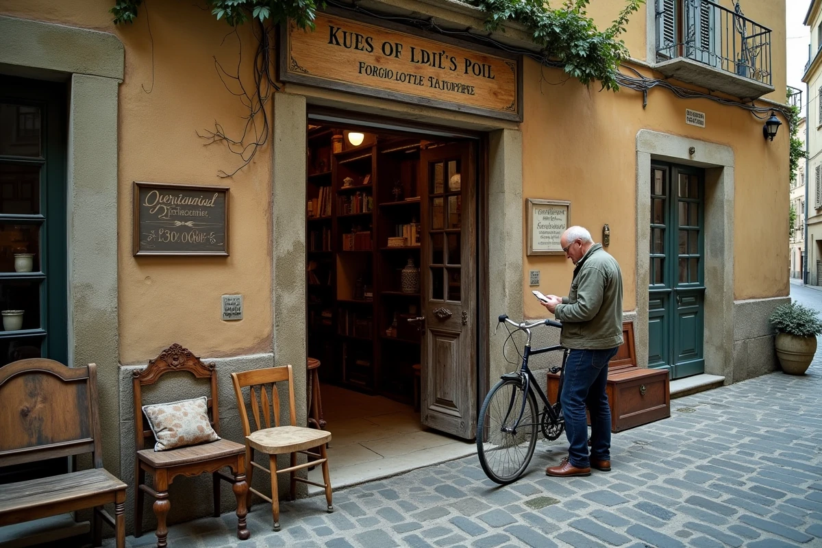 Façade extérieure d'un atelier brocante indépendant avec un homme lisant une étiquette sur une chaise ancienne