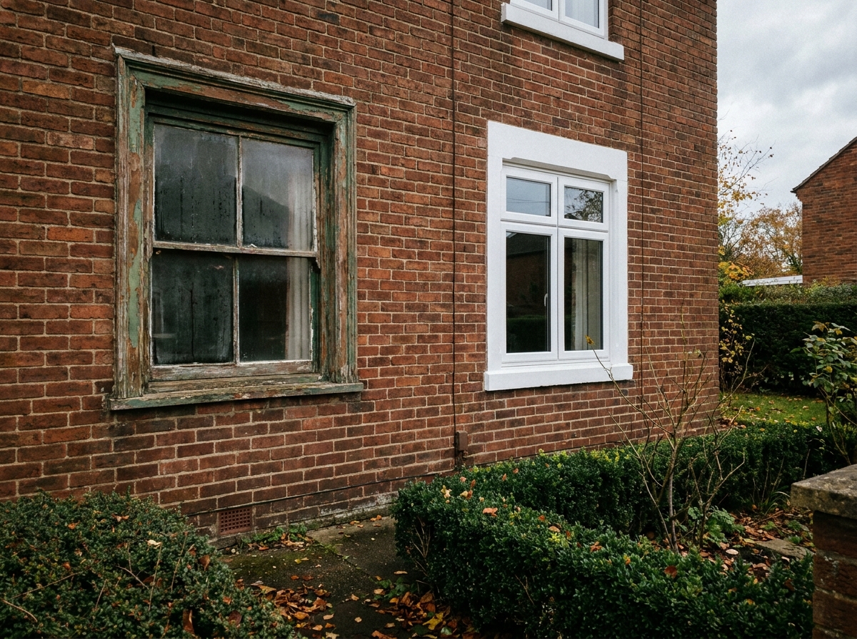Façade de maison en briques montrant une ancienne fenêtre dégradée à côté d'une nouvelle fenêtre double vitrage installée