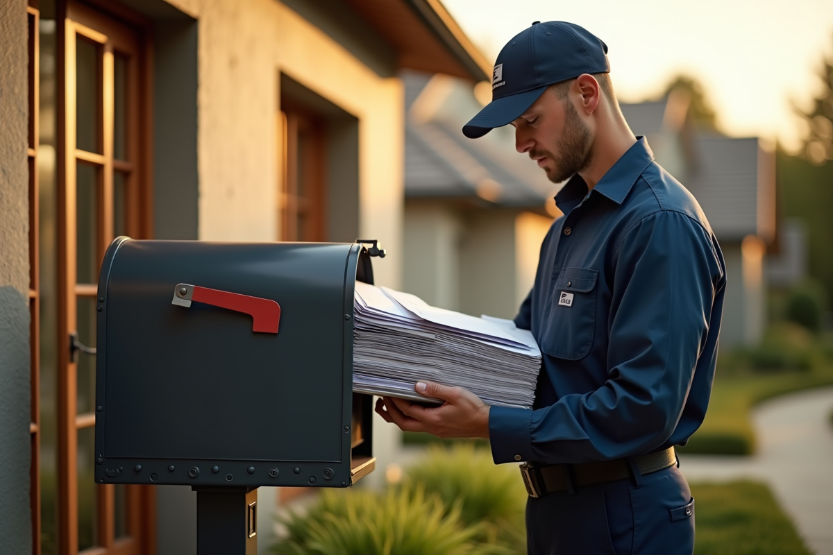 Facteur en uniforme déposant du courrier dans une boîte aux lettres moderne