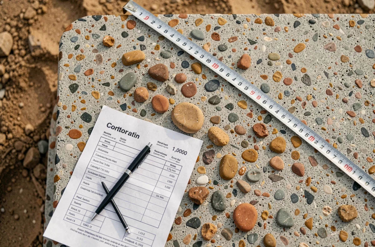 Facture de travaux posée sur une surface en béton désactivé avec ruban de mesure pour estimation du coût au m2
