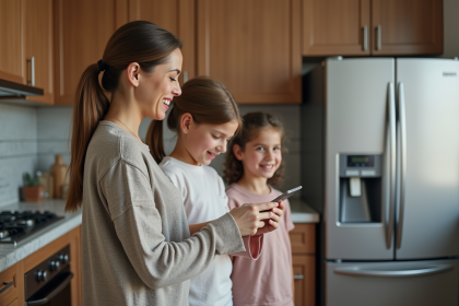 Famille dans la cuisine examine le refrigerateur
