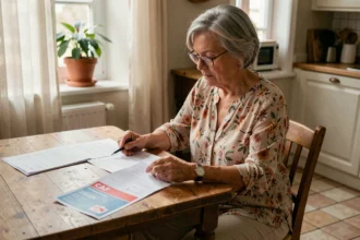 Femme âgée consultant des documents CAF à son domicile en Loire-Atlantique pour une aide ménagère