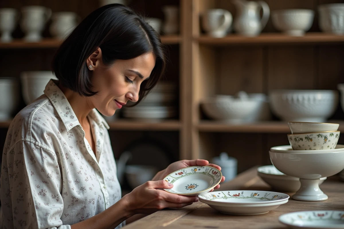 Femme examinant une assiette en faience de Quimper