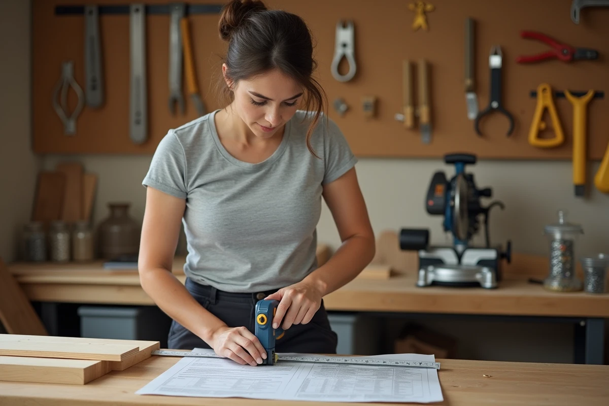 Femme bricolant dans un atelier maison, mesurant des planches en bois pour des travaux d'intérieur