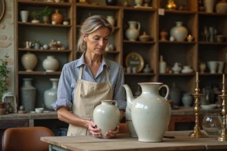 Femme examinant un vase céramique vintage dans un atelier brocante décoratif artisanal