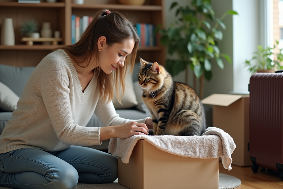 Femme caressant un chat dans un appartement en déménagement