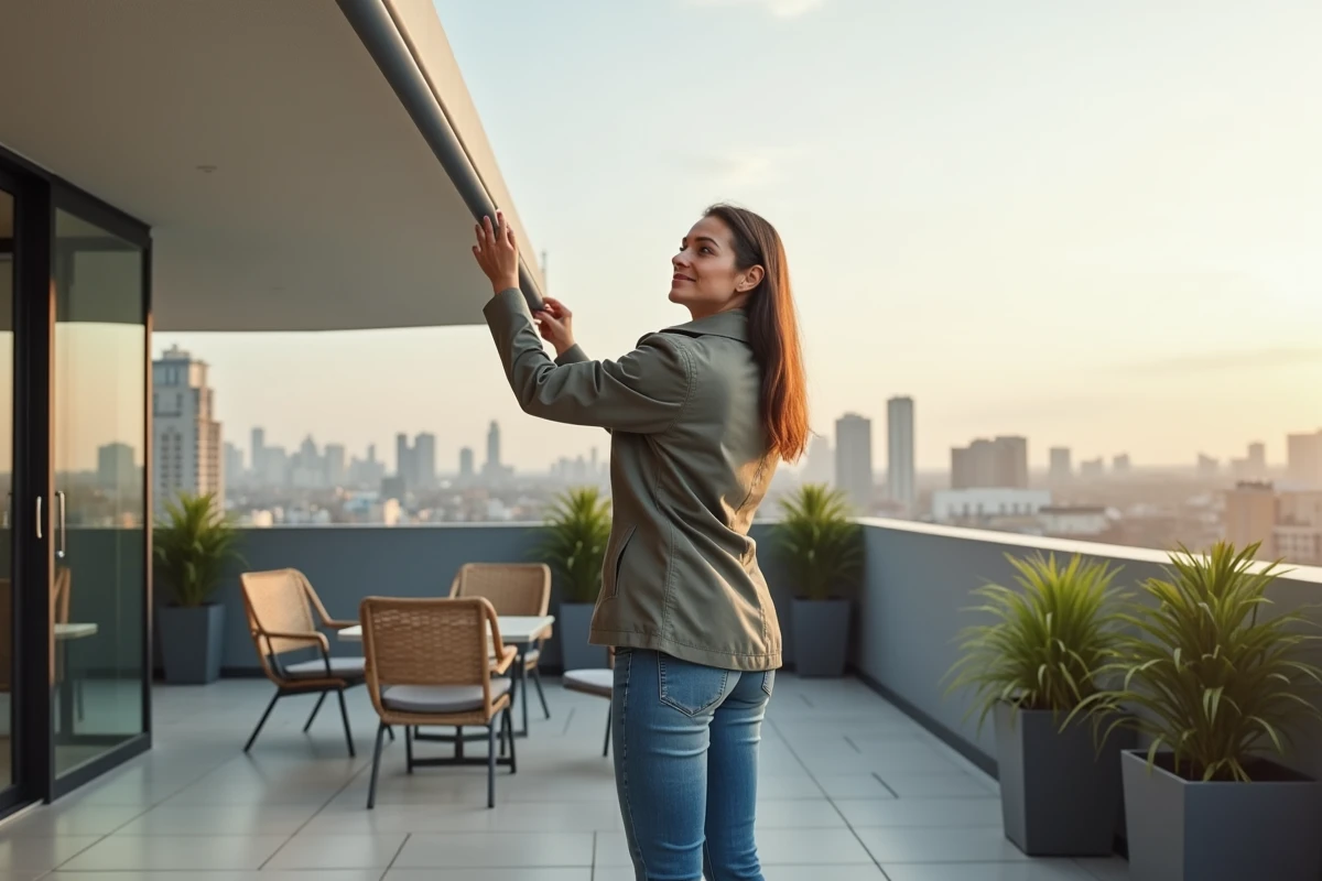 Femme examinant une bache plastique sur une terrasse urbaine