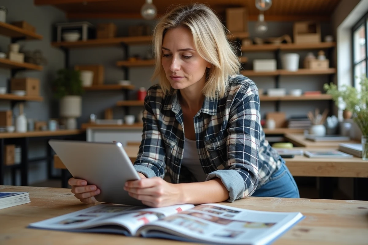 Femme regardant un magazine DIY sur une tablette dans l