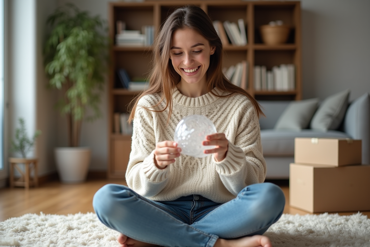 Femme souriante jouant avec du bulle wrap dans un salon cosy