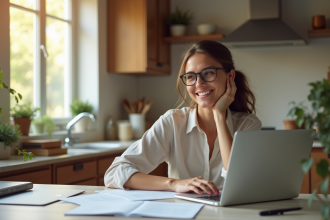 Femme souriante travaillant à la maison avec papiers et ordinateur