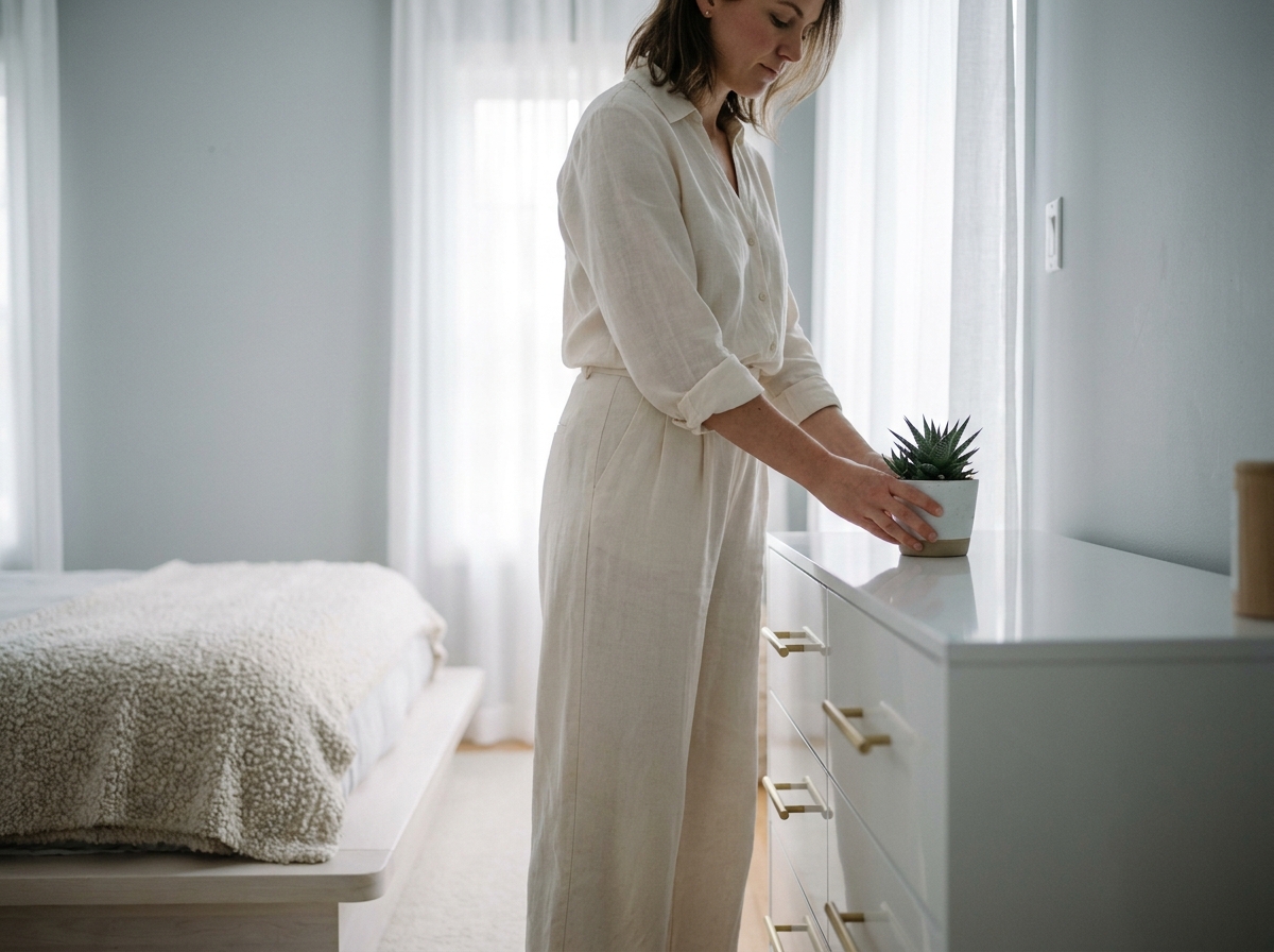 Femme arrangeant une plante sur une commode blanche laquée dans une chambre minimaliste de style scandinave