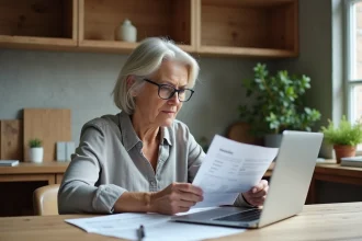 Femme comparant des devis de rénovation cuisine sur ordinateur portable et documents imprimés dans une cuisine en travaux