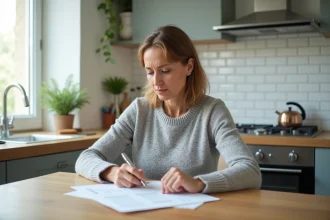 Femme consultant son contrat d'assurance habitation MACIF à la table de cuisine de son appartement