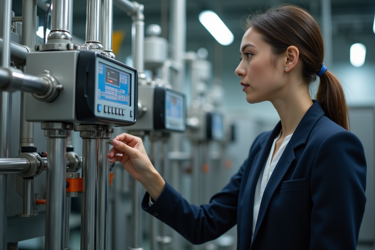 Jeune femme examinant un controleur de temperature industriel