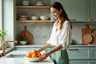 Femme en cuisine moderne avec fruits citrus sur comptoir