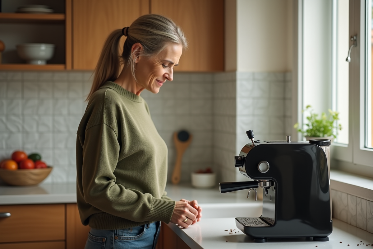 Femme dans sa cuisine regardant la machine à expresso bruyante