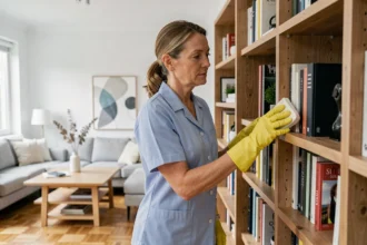 Femme de ménage professionnelle en uniforme bleu époussetant une étagère dans un salon moderne
