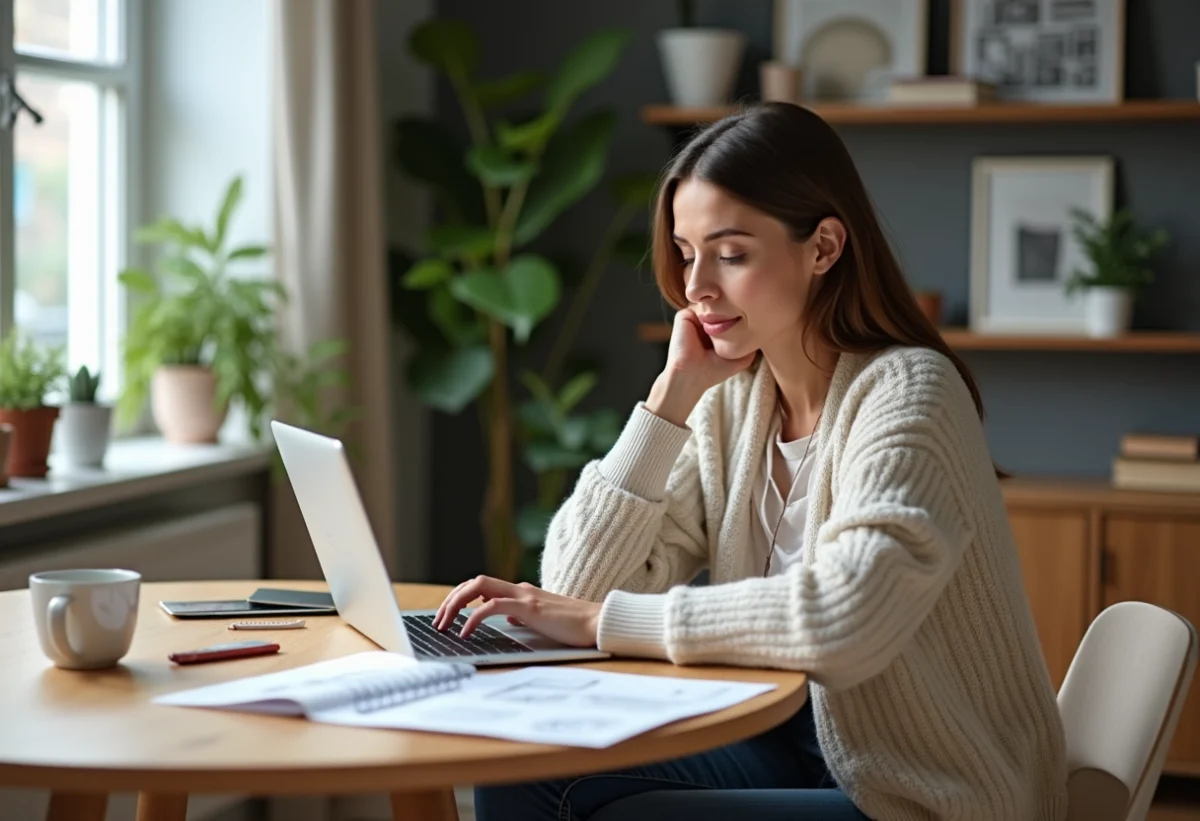 Femme concentrée sur son ordinateur dans un appartement scandinave