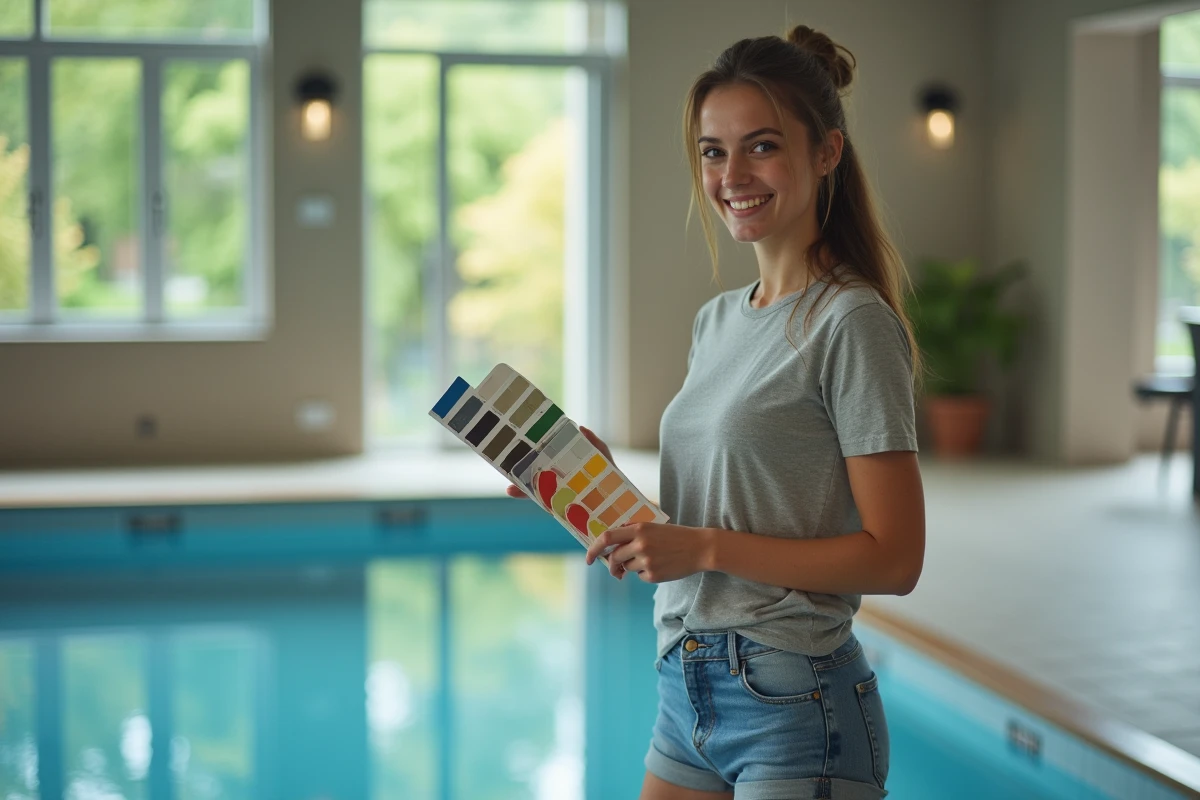 Jeune femme compare des échantillons de couleurs de piscine