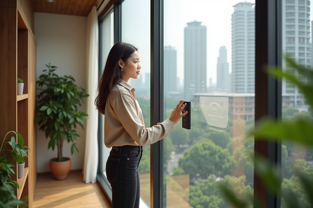 Jeune femme dans une ecohome moderne interagissant avec un mur intelligent