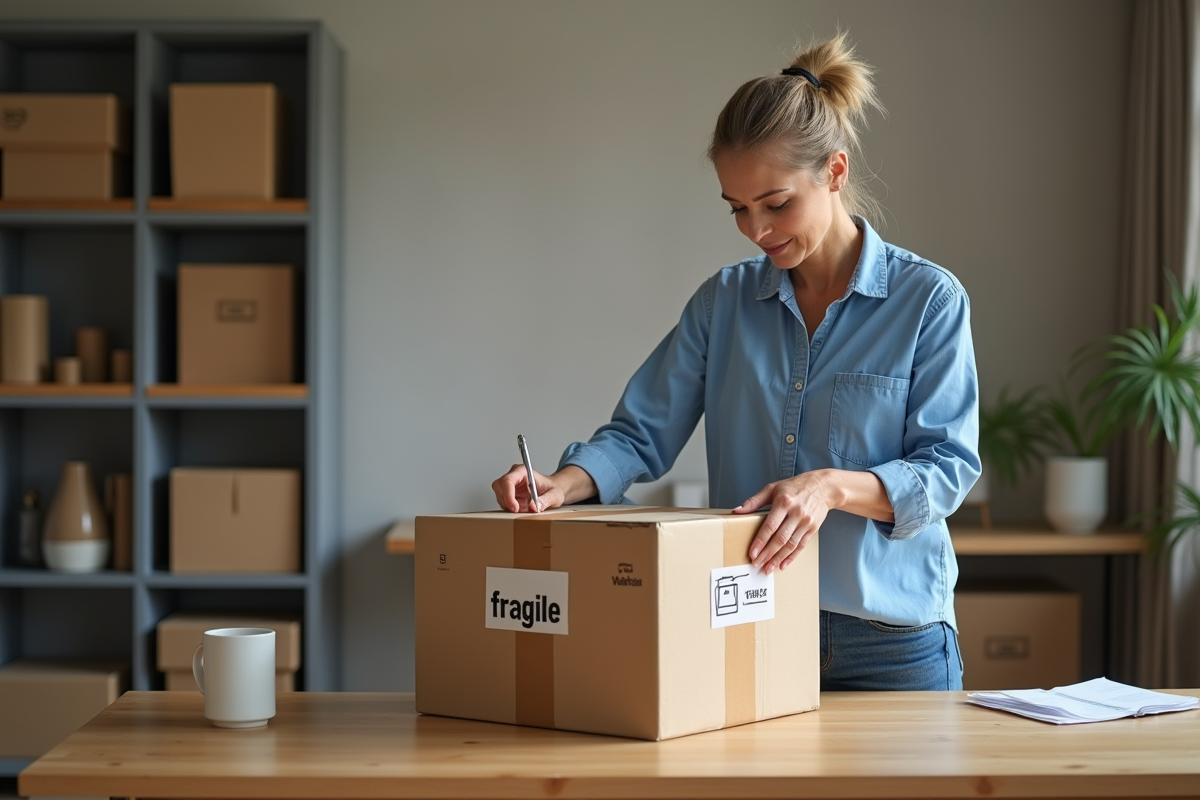 Femme appliquant un sticker fragile sur un colis dans un bureau