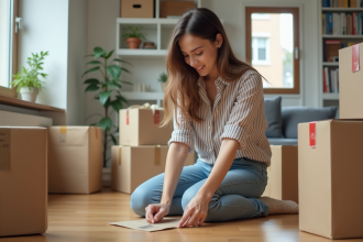 Jeune femme emballant des cartons dans un salon lumineux