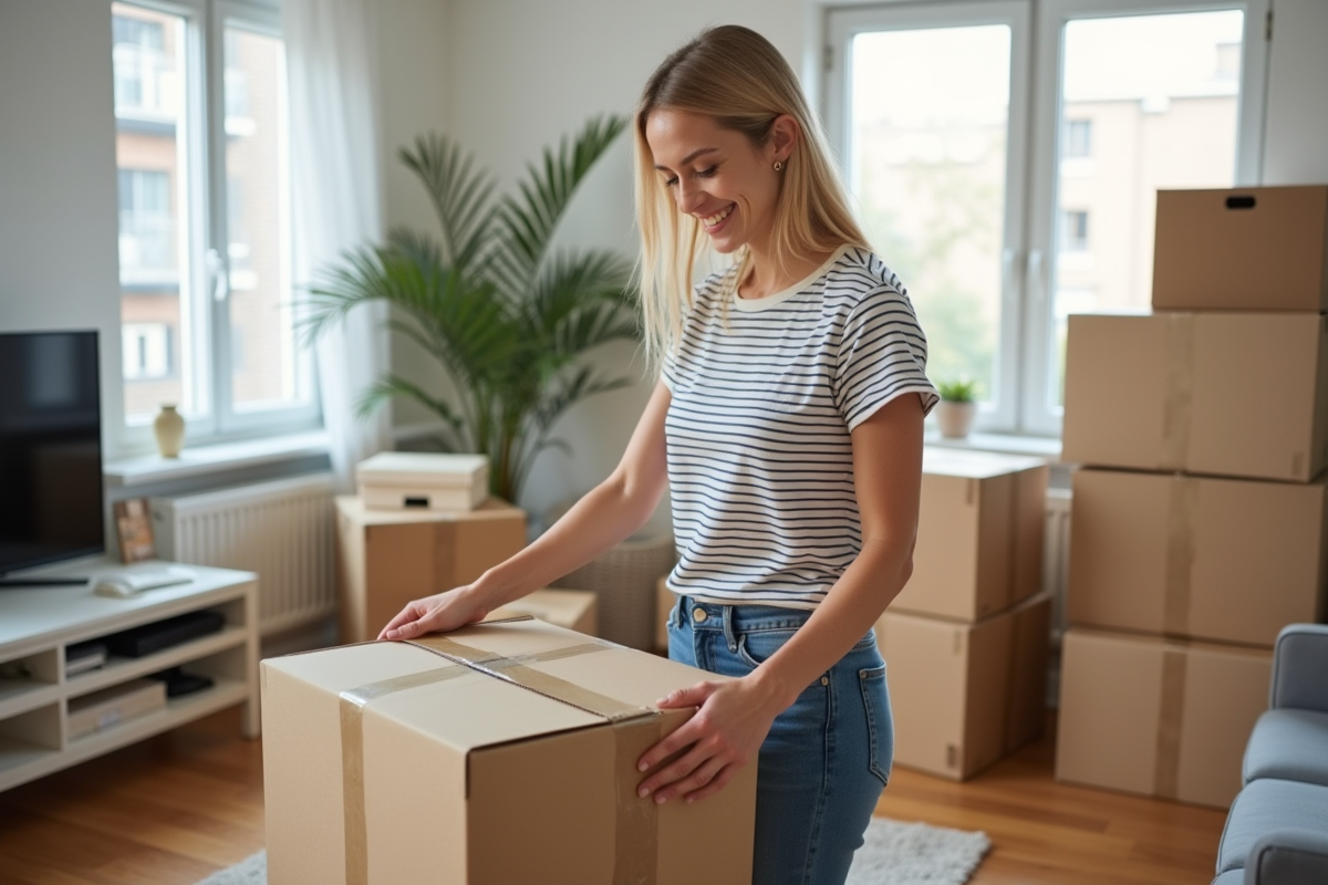 Femme souriante emballant une boxe de déménagement dans un appartement lumineux