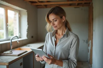 Femme consultant un outil d'estimation de rénovation sur tablette dans une cuisine en travaux