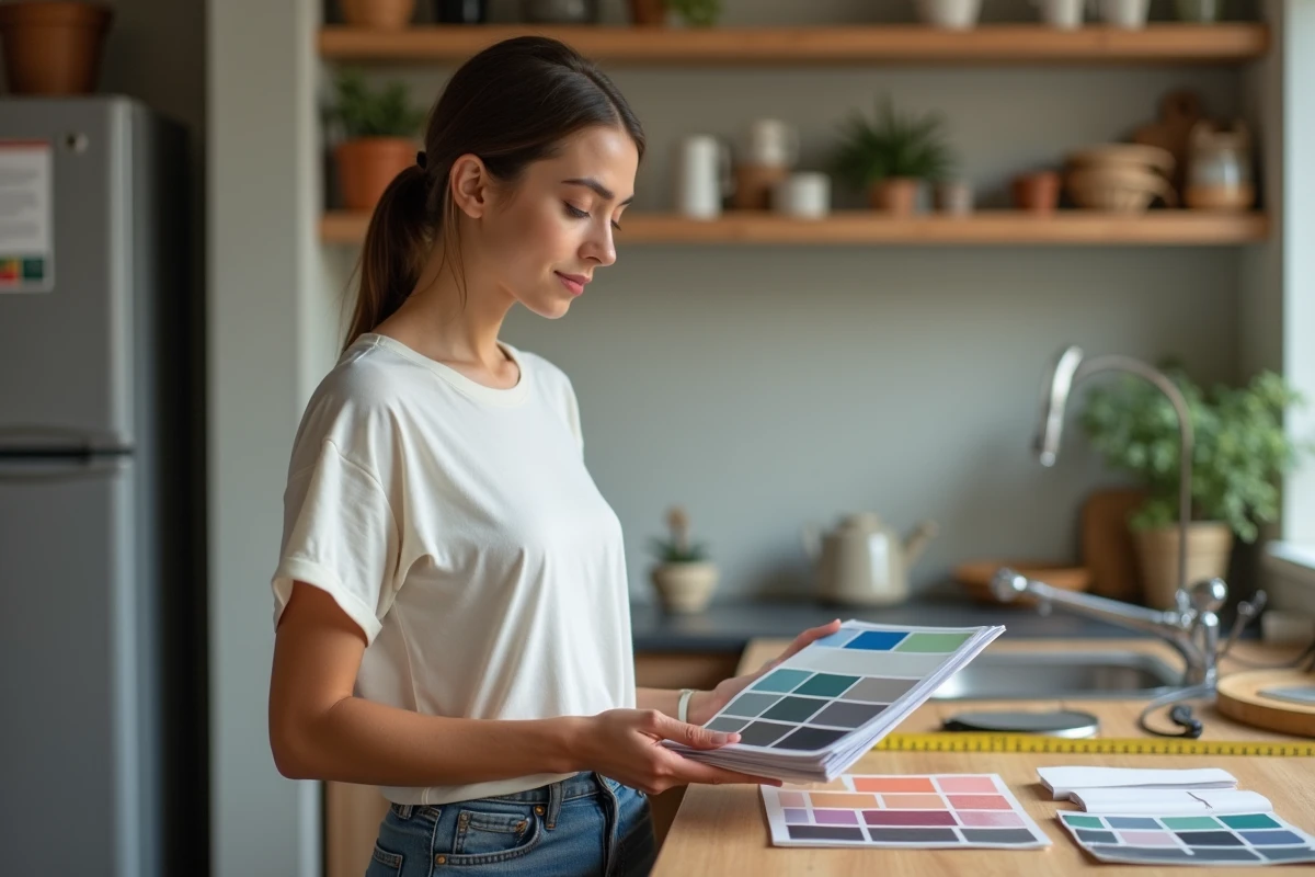 Jeune femme examine un nuancier de couleurs dans la cuisine