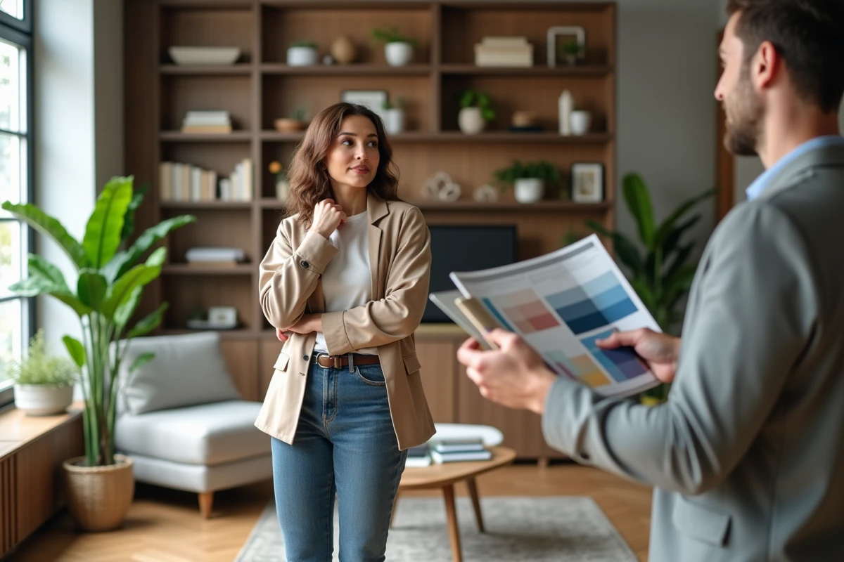 Femme pensante avec designer interieur dans un salon moderne