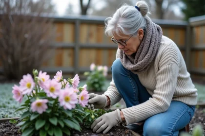 Femme en pull tricoté inspectant des hellebores en gelée