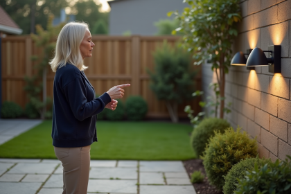 Femme en cardigan pointant des luminaires extérieurs dans son jardin
