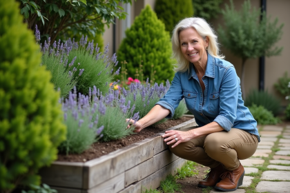 Femme en denim et khaki arrangeant des plantes dans le jardin