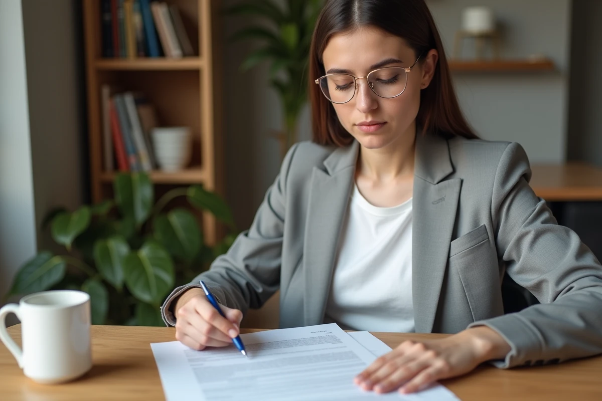 Femme lisant attentivement un contrat de location de box garage à domicile