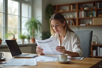 Femme lisant un devis de renovation dans un appartement lumineux