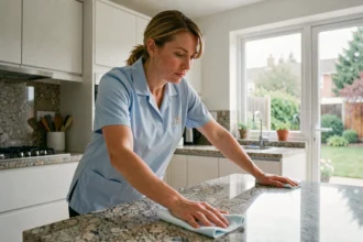 Femme de ménage professionnelle en uniforme nettoyant un plan de travail en granit dans une cuisine moderne