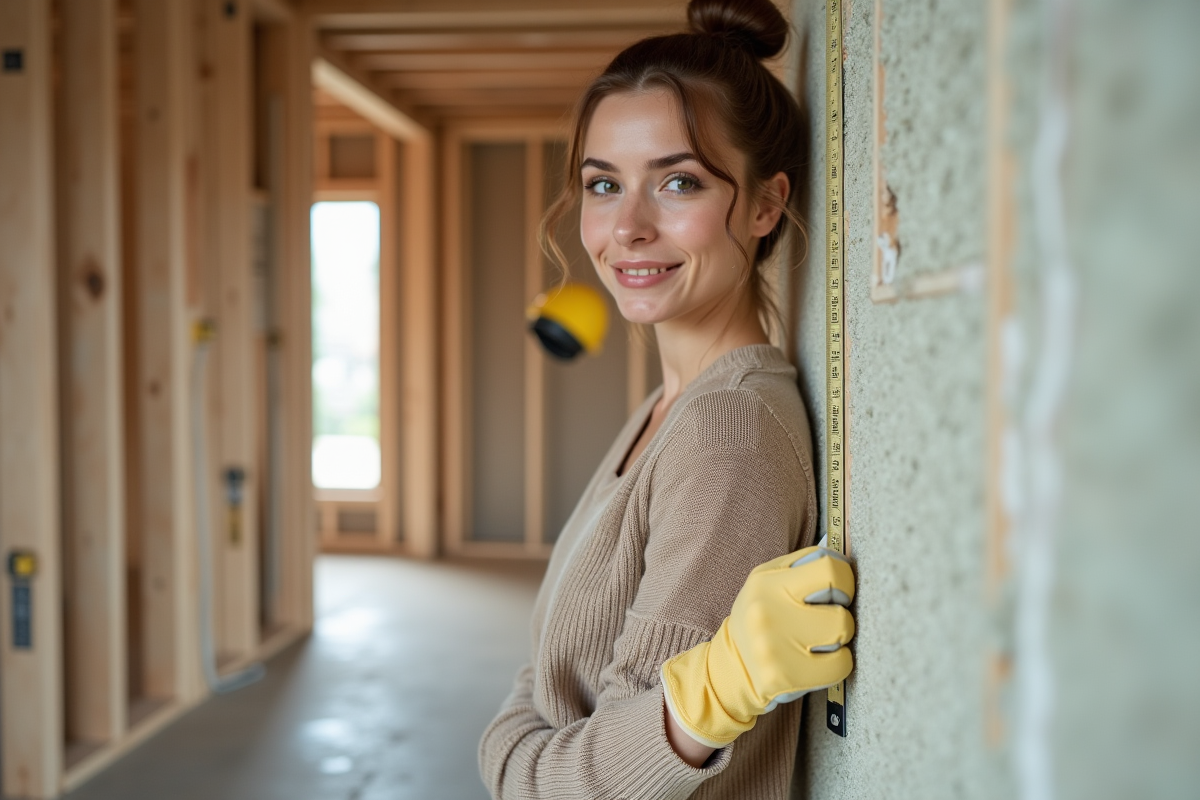 Jeune femme mesurant des panneaux d