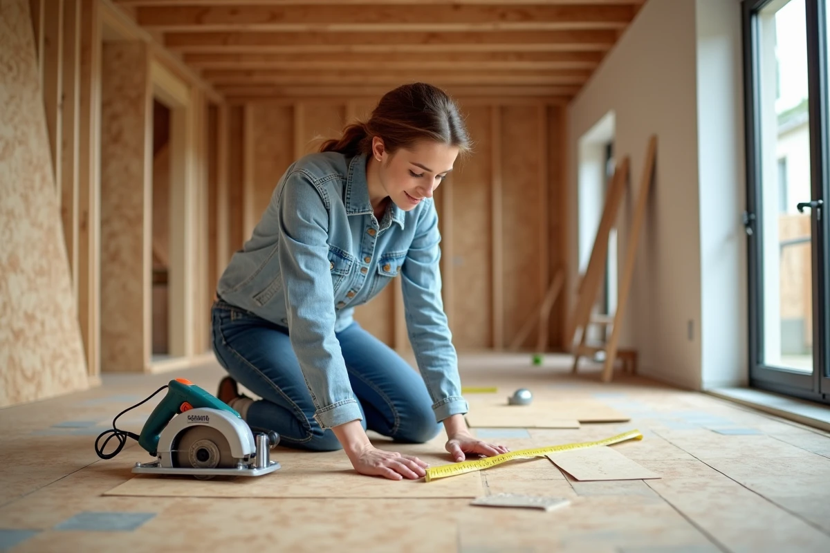 Femme en tenue de chantier mesure un parquet avec une règle
