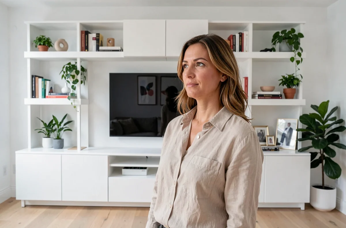Femme devant un grand meuble TV blanc avec écran XXL intégré dans un appartement moderne
