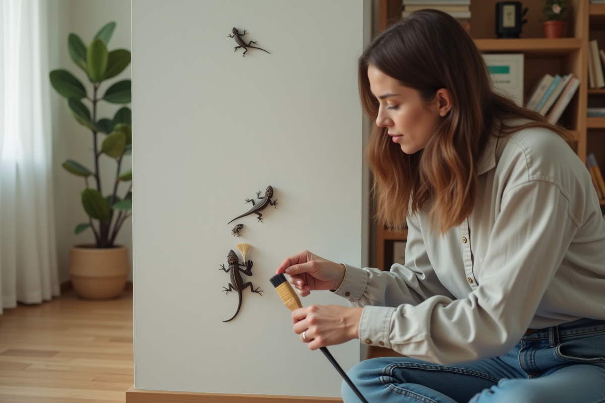 Femme utilisant un pinceau pour déplacer des lézards dans une maison
