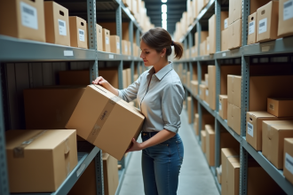 Femme organisée dans un espace de stockage moderne