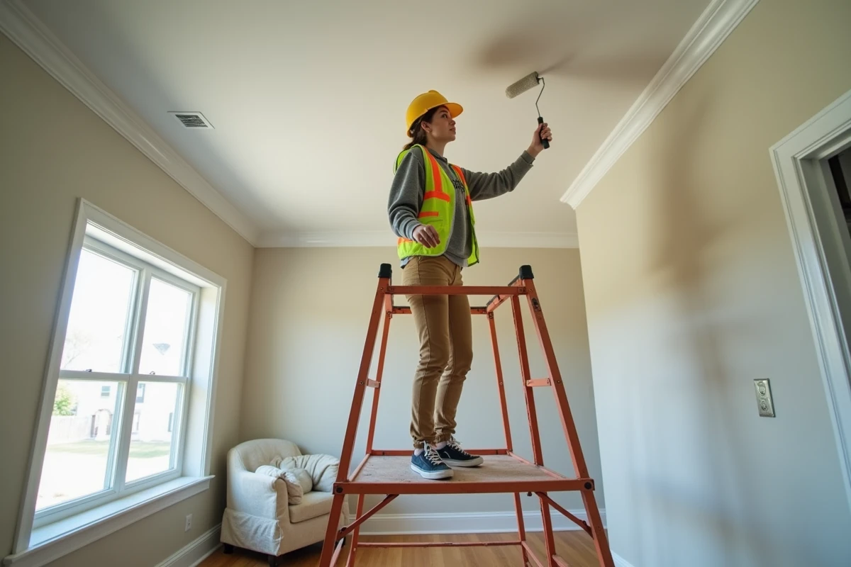 Jeune femme peignant depuis un échafaudage dans un salon