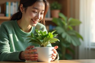 Femme posant une plante jade dans un bureau lumineux