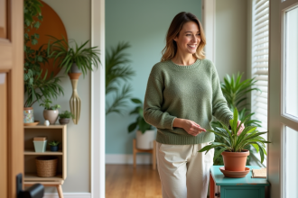 Femme souriante arrange une plante dans un intérieur moderne