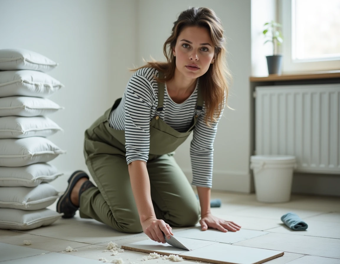 Femme posant du carrelage dans une salle de bain en rénovation DIY