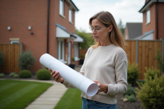 Femme examinant un plan devant sa maison de banlieue