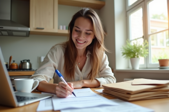 Femme souriante remplissant un formulaire de réexpedition à la maison