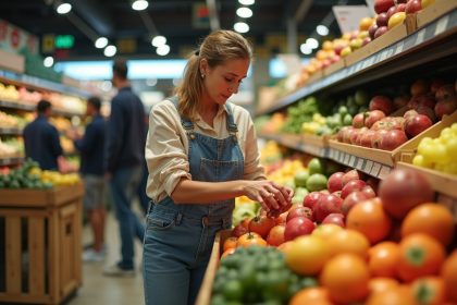 Femme triant des fruits abîmés dans un supermarché