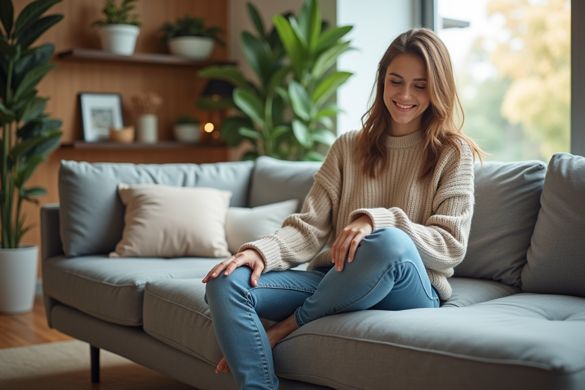 Jeune femme testant la fermete du coussin sur un canapé