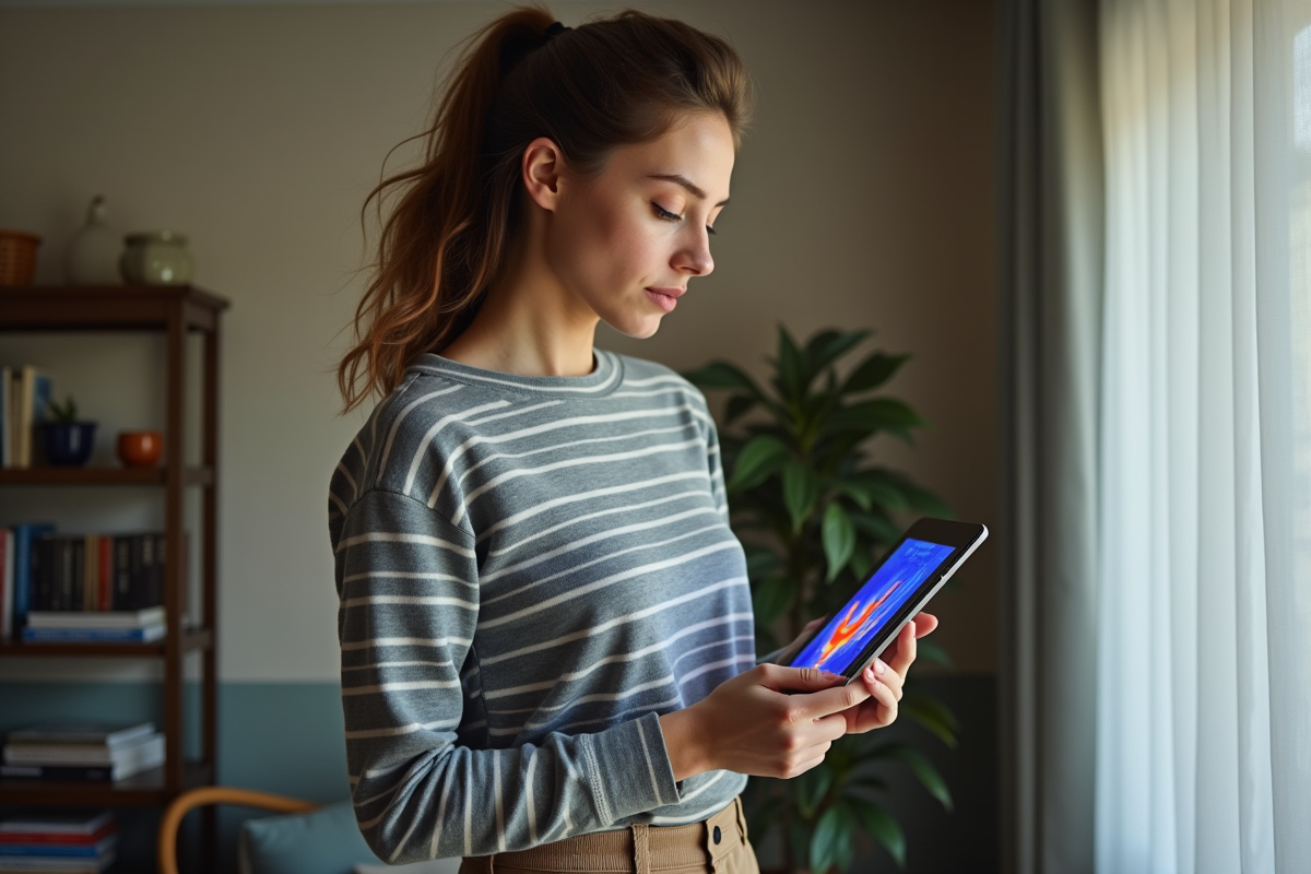 Jeune femme examinant une image thermique sur tablette dans un salon